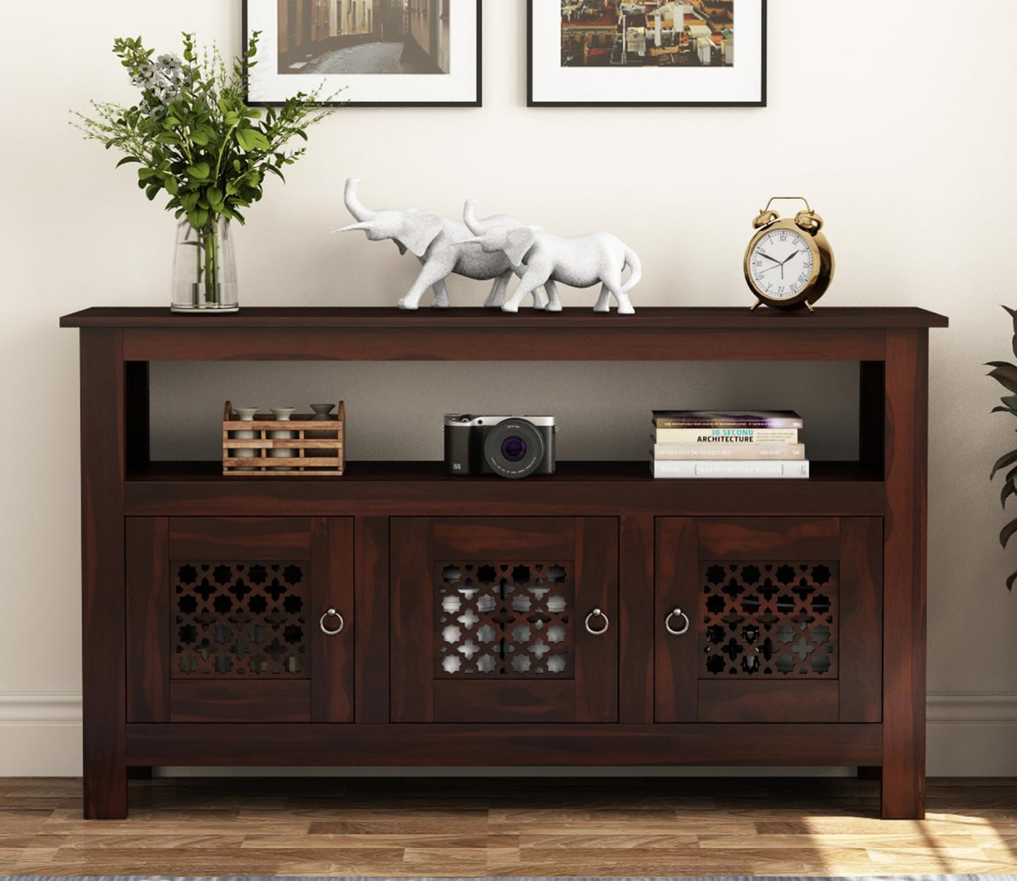 RK Wood Solid Sheesham Wood Sideboard Cabinet with Open Shelf Wooden