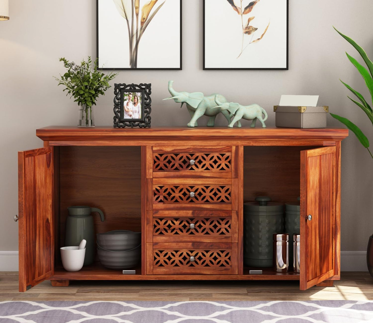 RK Wood Solid Sheesham Wood Sideboard Cabinet Wooden Storage Unit 4