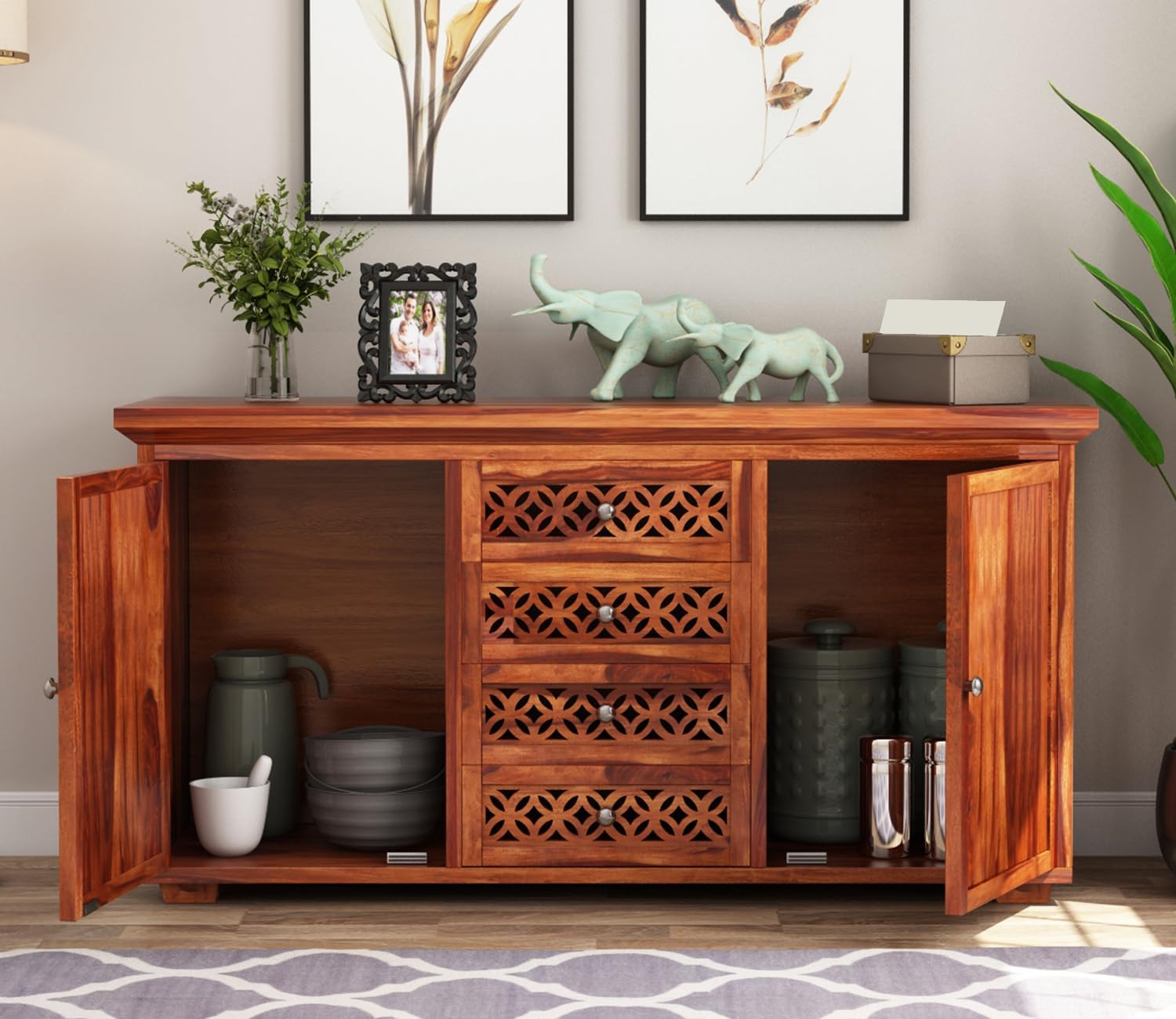 RK Wood Solid Sheesham Wood Sideboard Cabinet Wooden Storage Unit 4