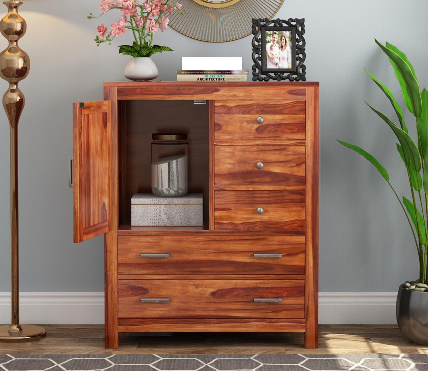 RK Deck Solid Sheesham Wood Sideboard Cabinet with Drawers & Door
