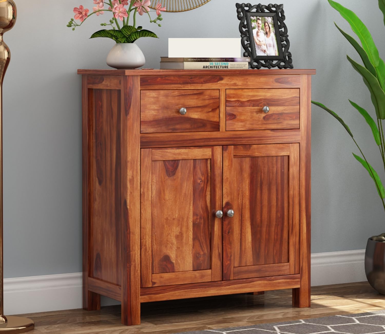 RK Deck Solid Sheesham Wood Sideboard Cabinet 2 Door 2 Drawer Storage