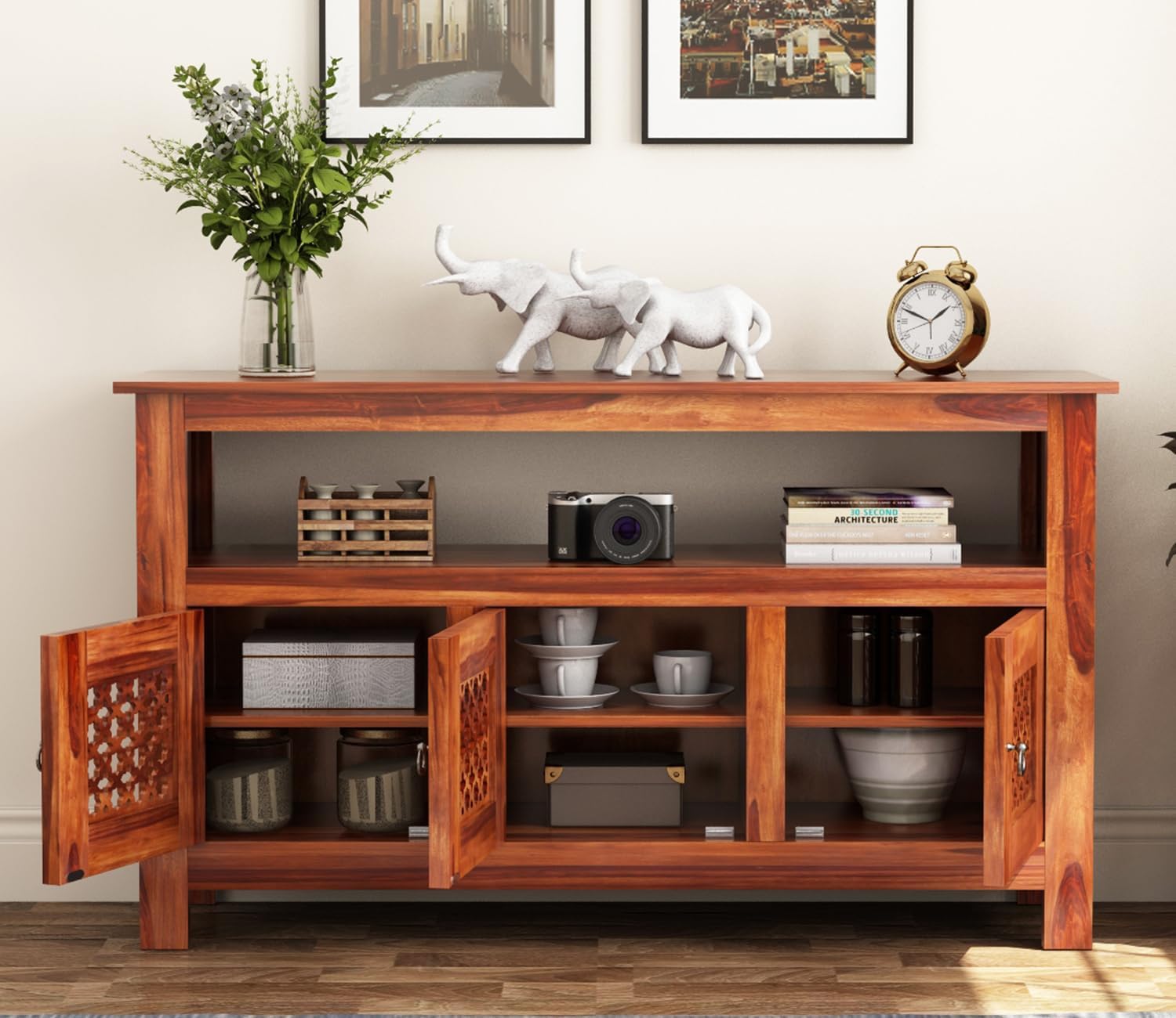 RK Wood Solid Sheesham Wood Sideboard Cabinet with Open Shelf Wooden