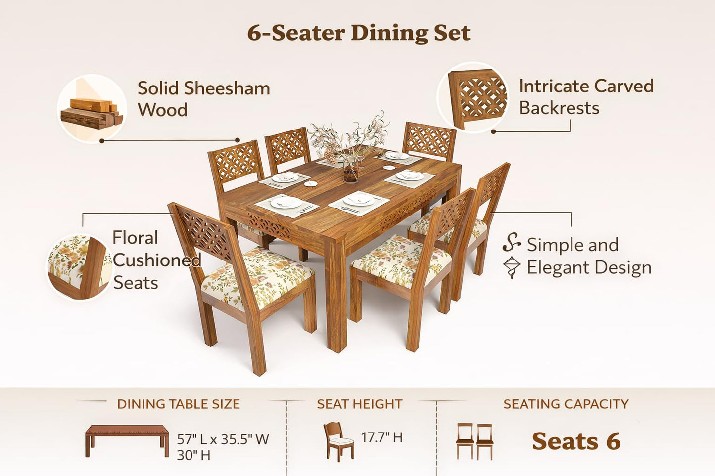 RK WOOD Solid Sheesham Wood Dining Table Set of 6 | Wooden 6 Seater