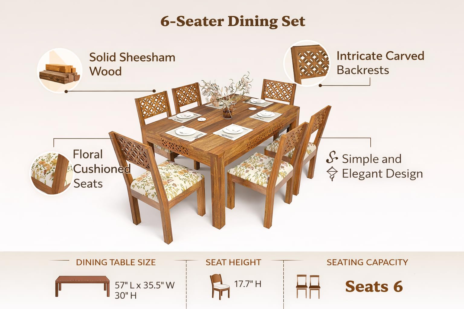 RK WOOD Solid Sheesham Wood Dining Table Set of 6 | Wooden 6 Seater