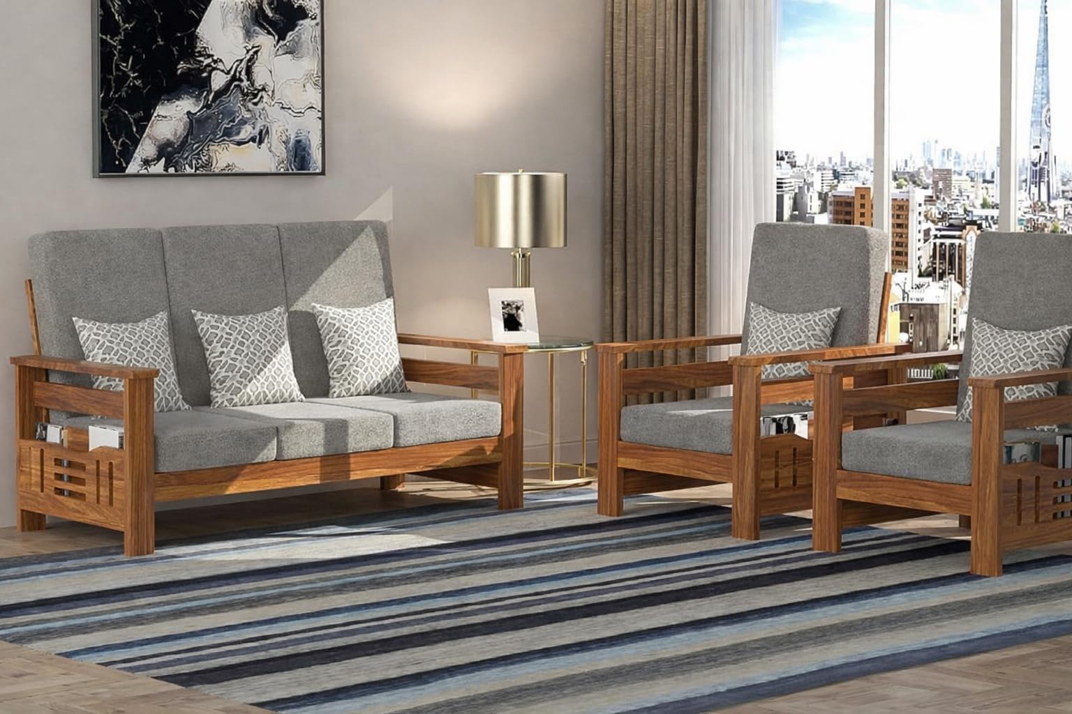 RK DECK Solid Sheesham Wood Sofa Set 5 Seater (3+1+1) with Cushions &