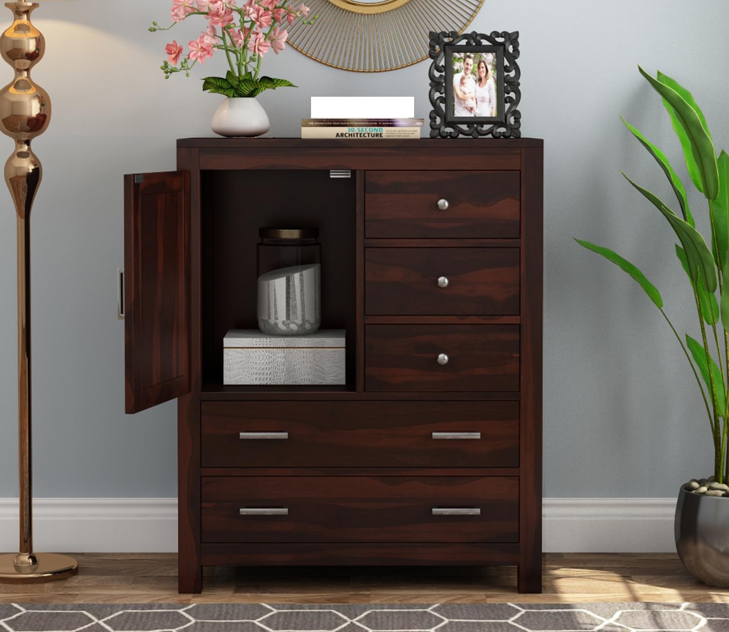RK Deck Solid Sheesham Wood Sideboard Cabinet with Drawers & Door