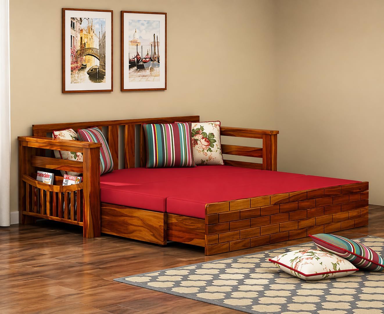 RK Wood Solid Sheesham Wood 3 Seater Sofa Cum Bed for Home Furniture,