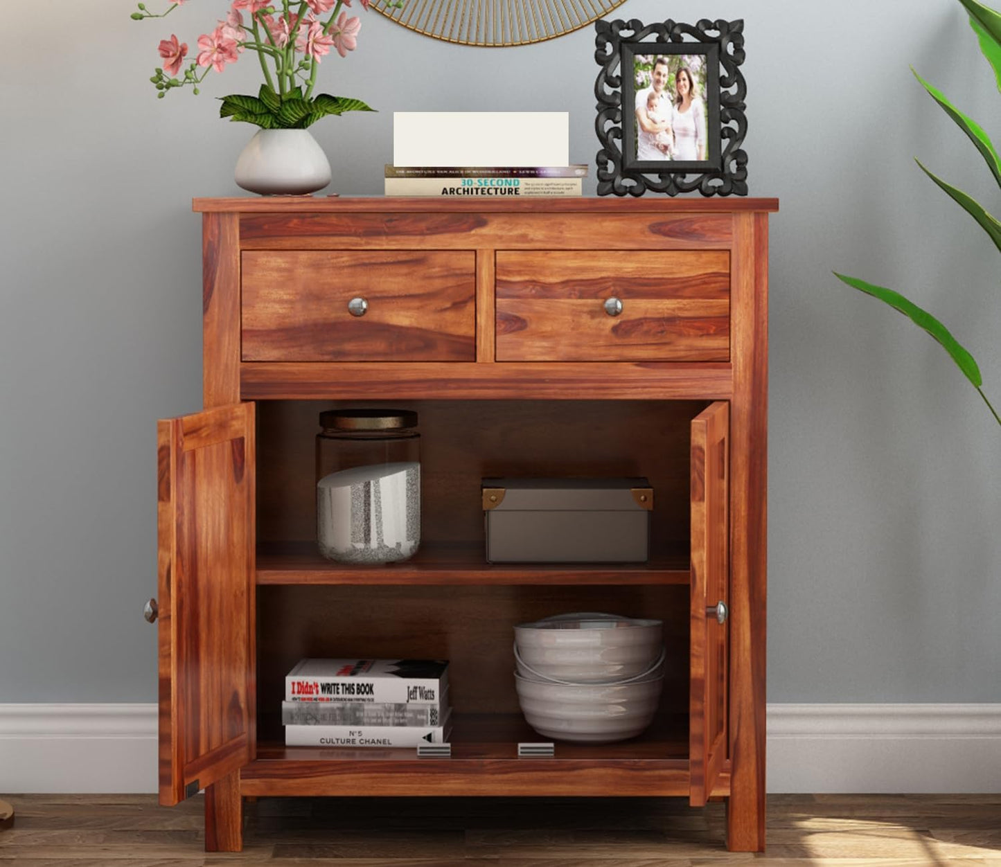 RK Deck Solid Sheesham Wood Sideboard Cabinet 2 Door 2 Drawer Storage
