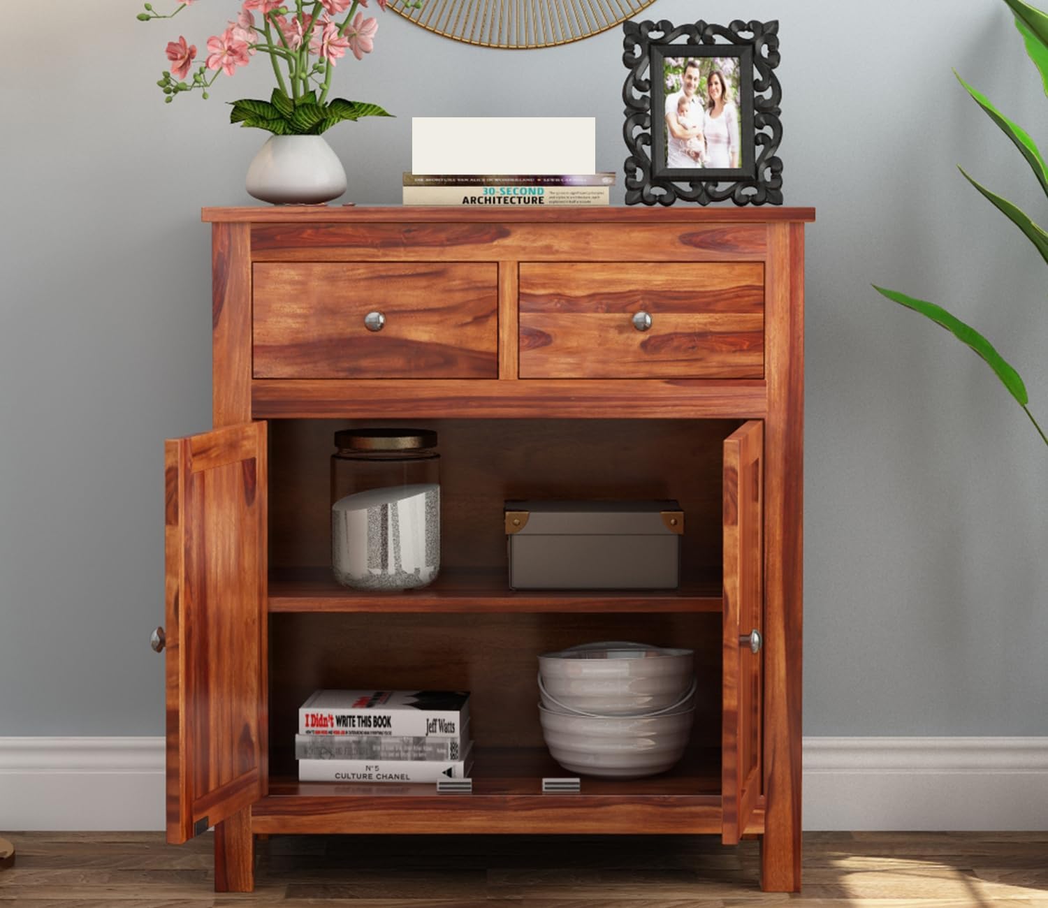 RK Deck Solid Sheesham Wood Sideboard Cabinet 2 Door 2 Drawer Storage