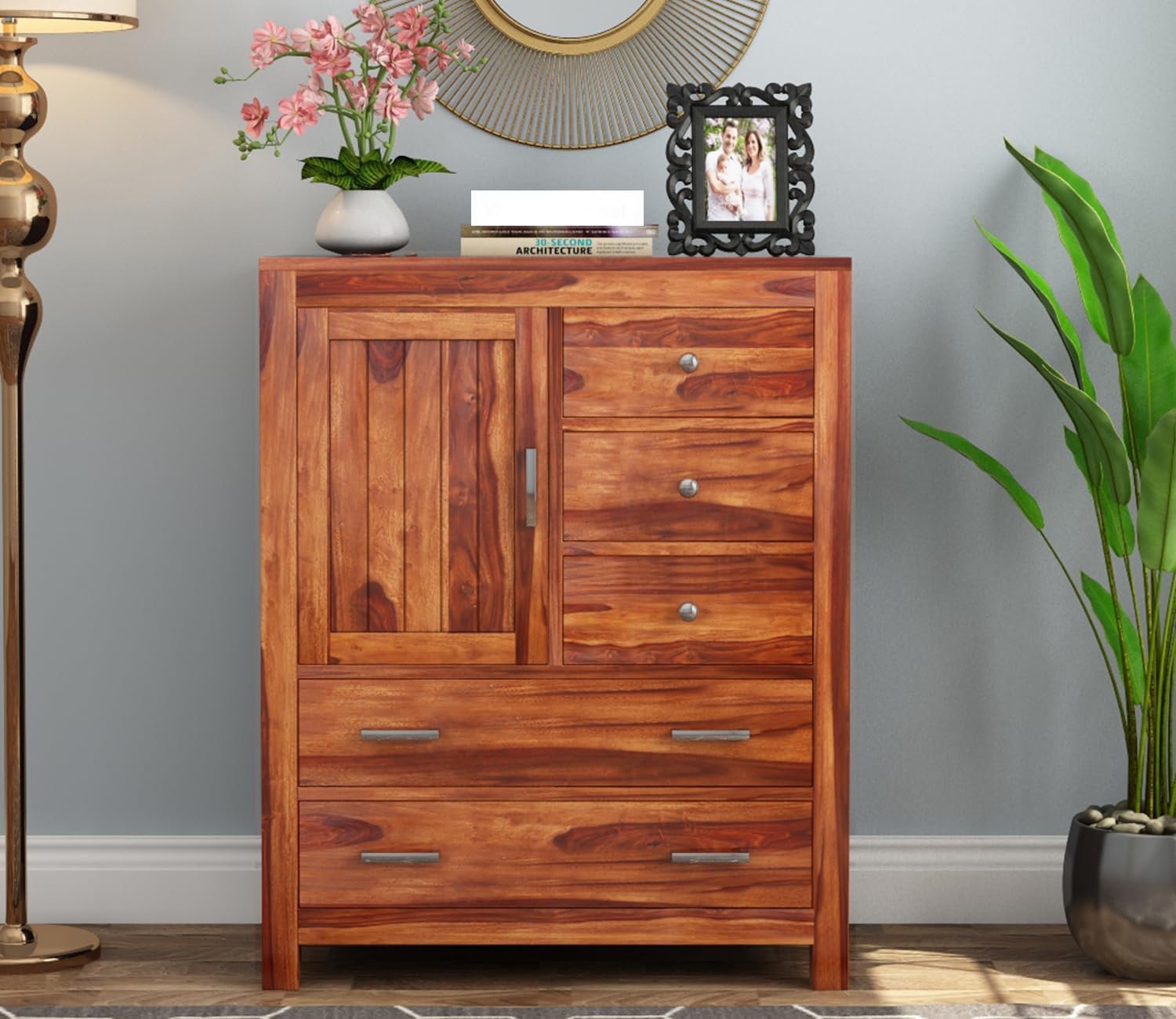RK Deck Solid Sheesham Wood Sideboard Cabinet with Drawers & Door