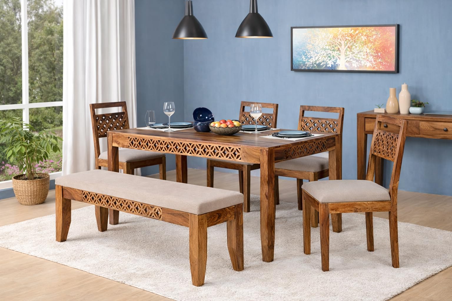 RK Wood Solid Sheesham Wood 6 Seater Dining Table Set with Cushioned