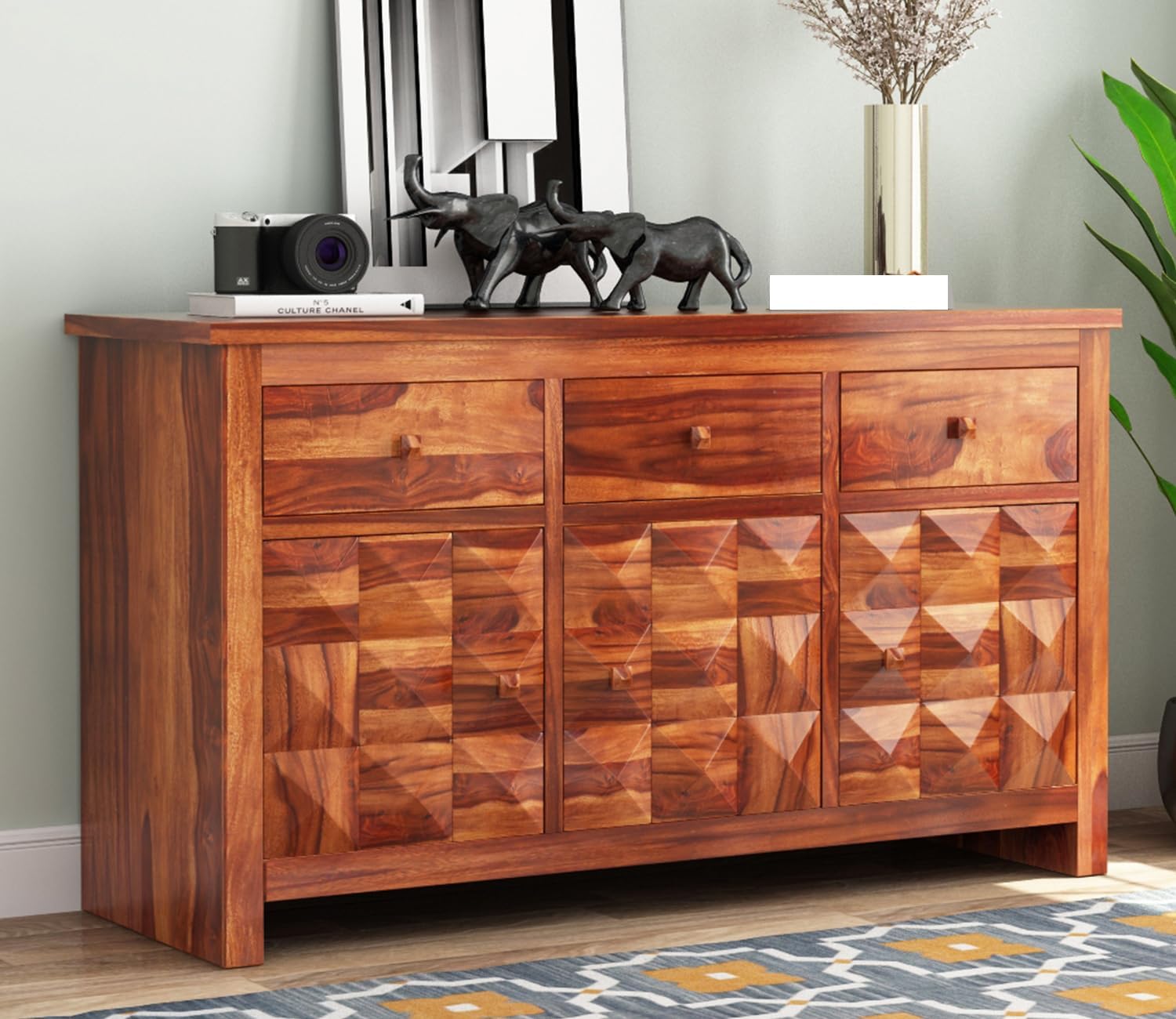 RK Wood Solid Sheesham Wood Sideboard Cabinet 3 Drawer 3 Door Storage