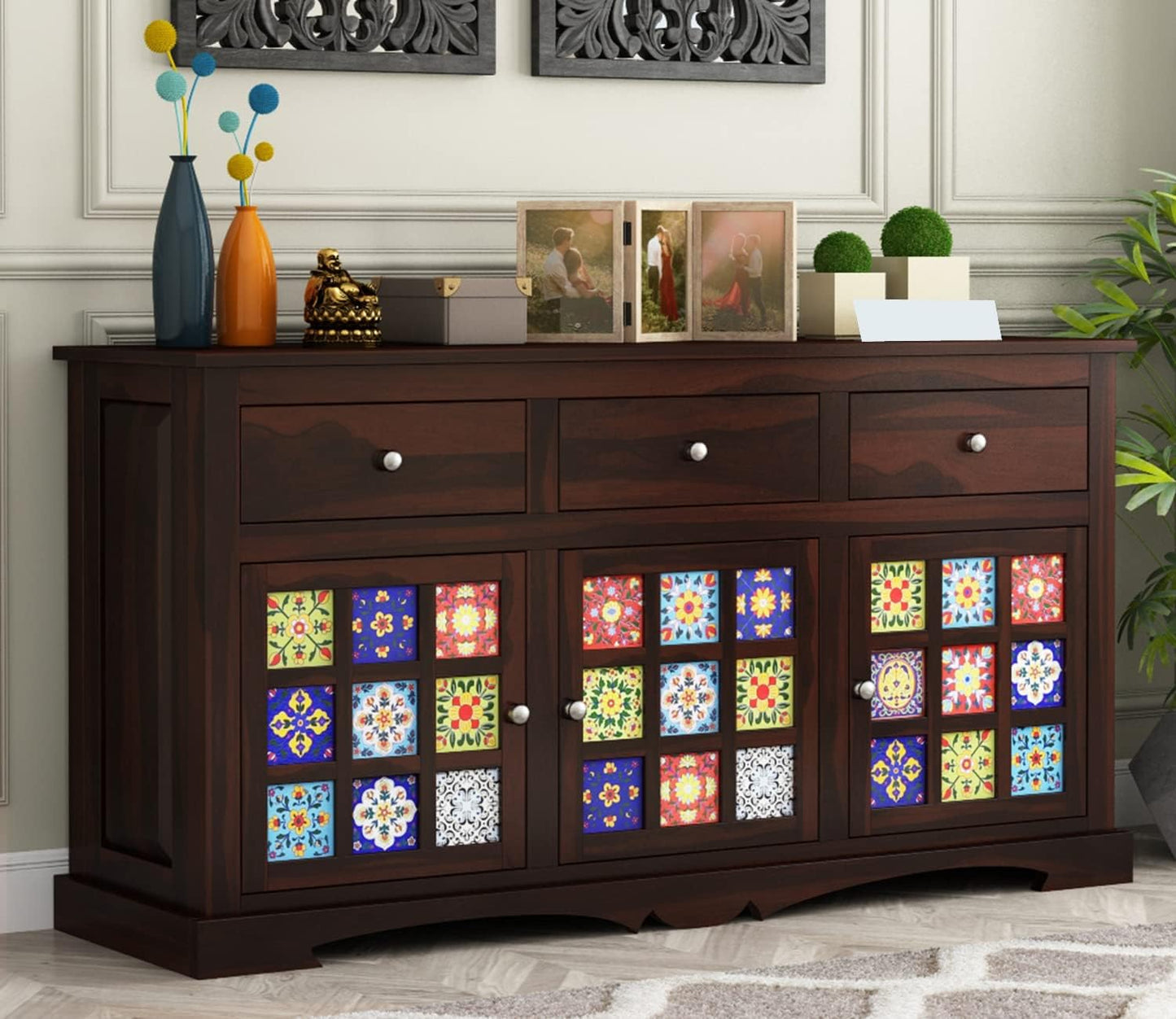 RK Wood Solid Sheesham Wood Sideboard Cabinet Wooden Storage Buffet