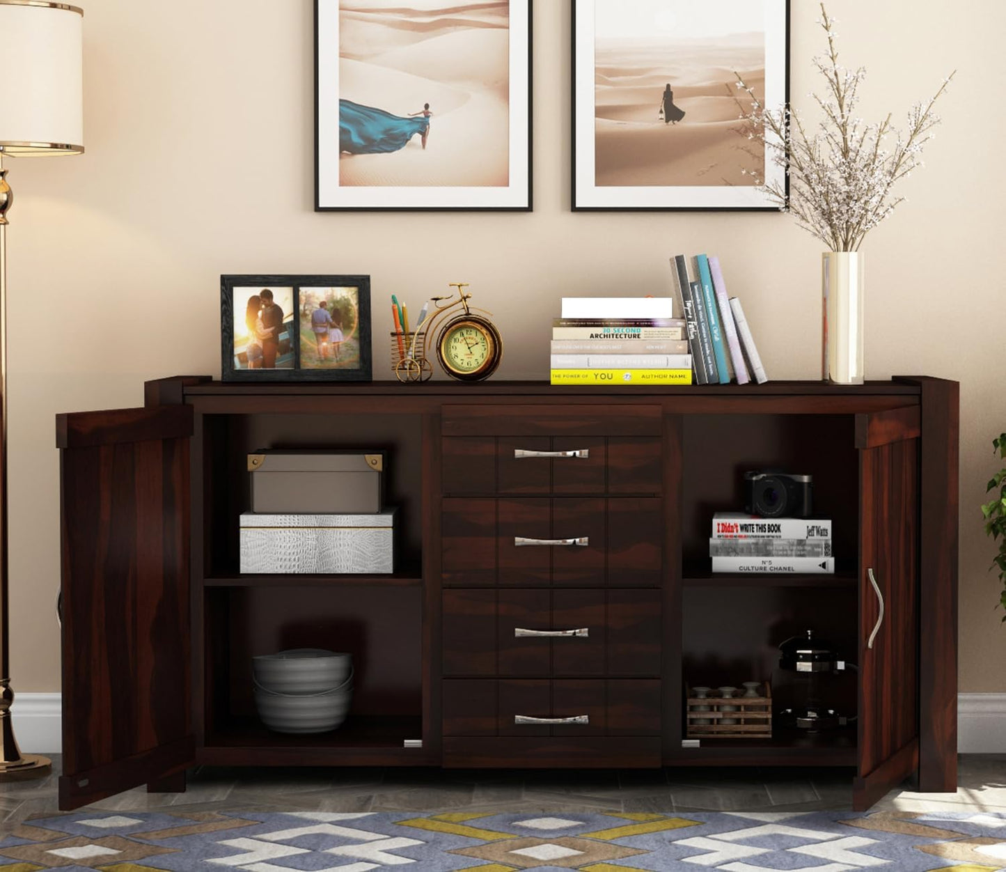 RK Wood Solid Sheesham Wood Sideboard Cabinet Wooden Storage Buffet