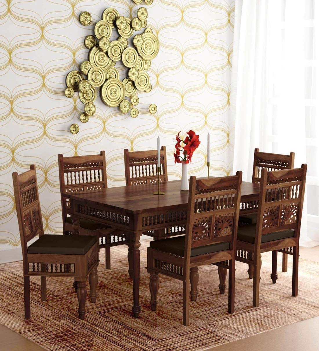 RK Wood Solid Sheesham Wood Traditional 6 Seater Dining Table Set for
