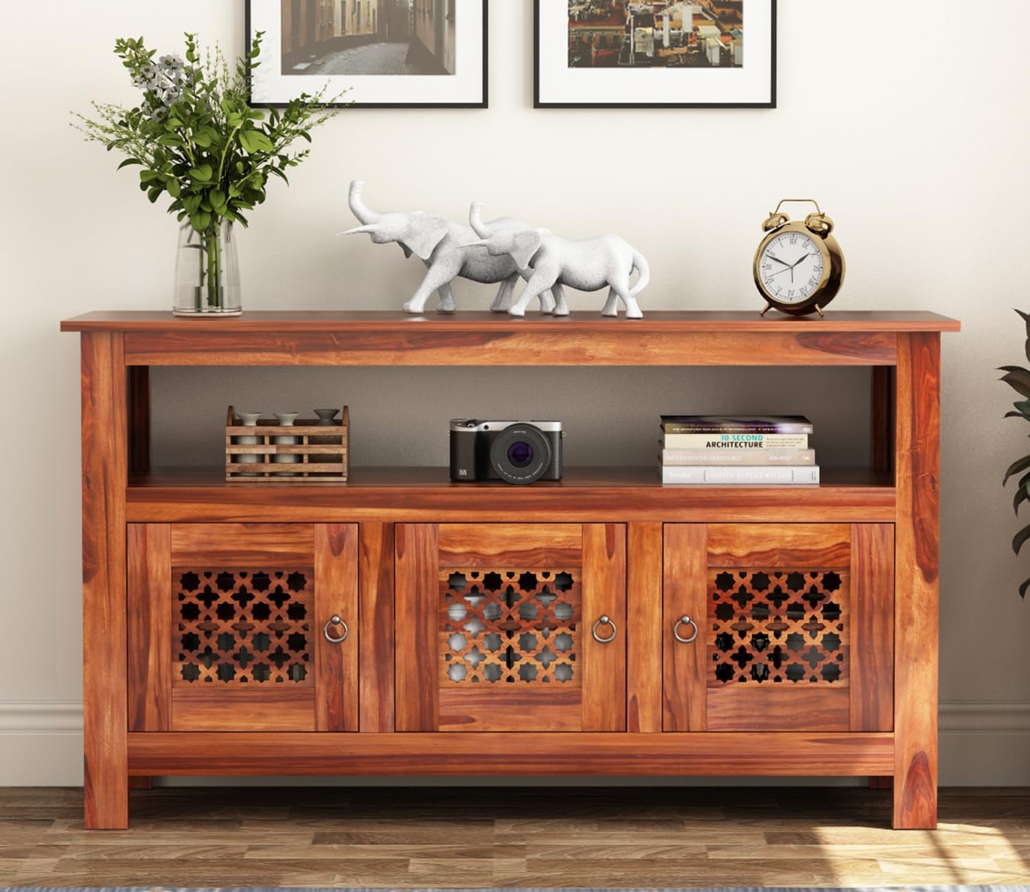 RK Wood Solid Sheesham Wood Sideboard Cabinet with Open Shelf Wooden