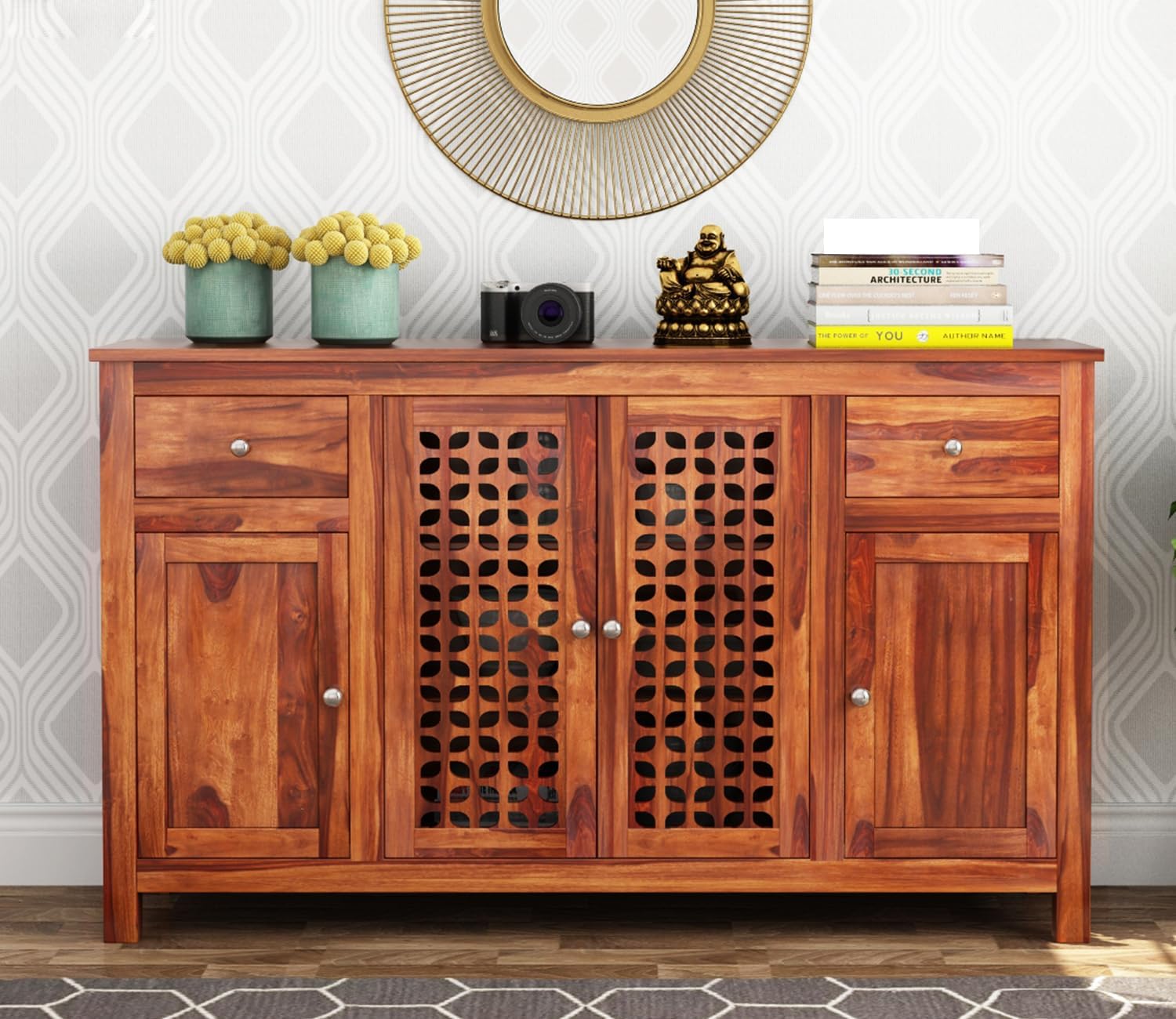 RK Deck Solid Sheesham Wood Sideboard Cabinet 4 Door 2 Drawer Storage