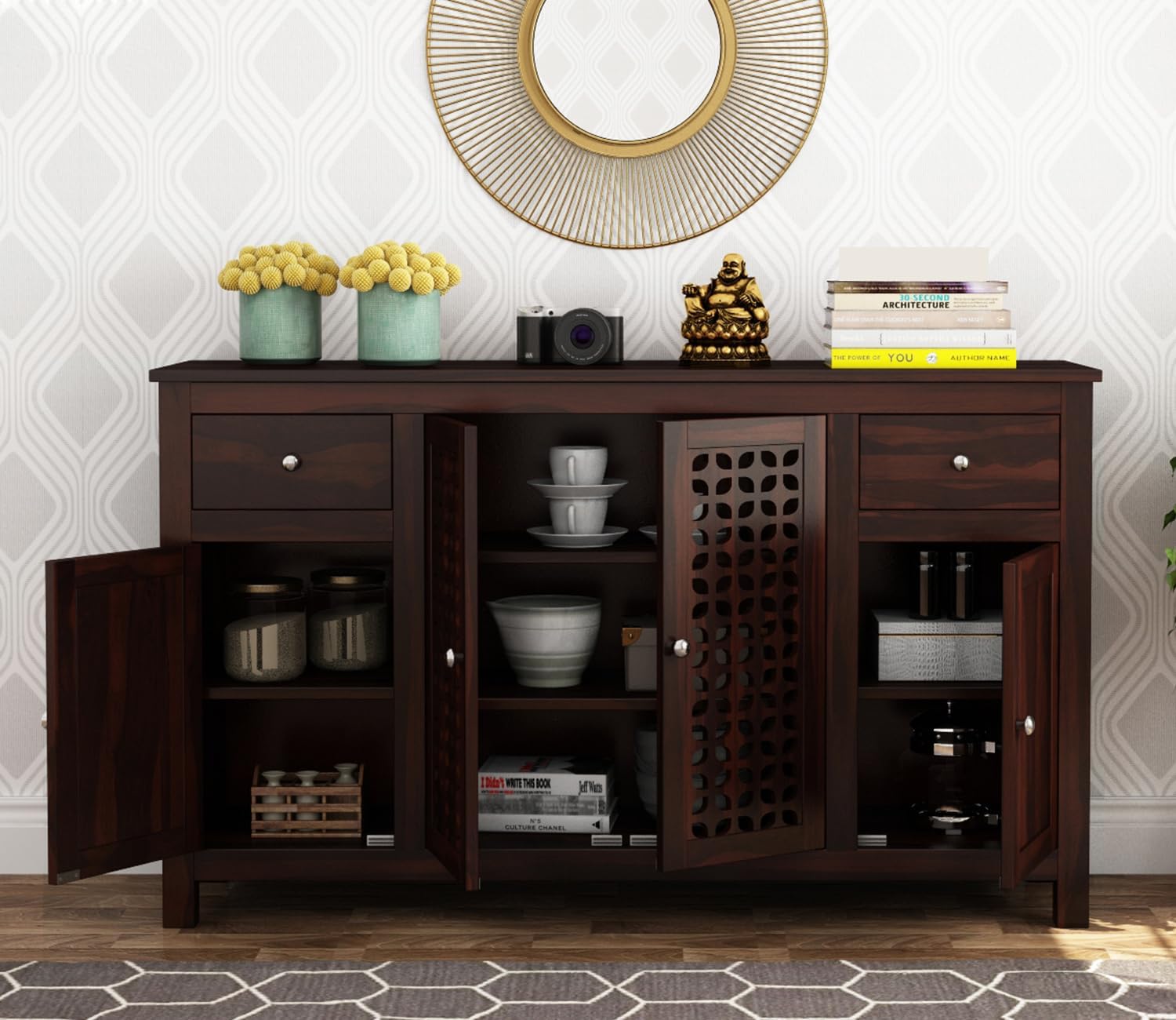 RK Deck Solid Sheesham Wood Sideboard Cabinet 4 Door 2 Drawer Storage