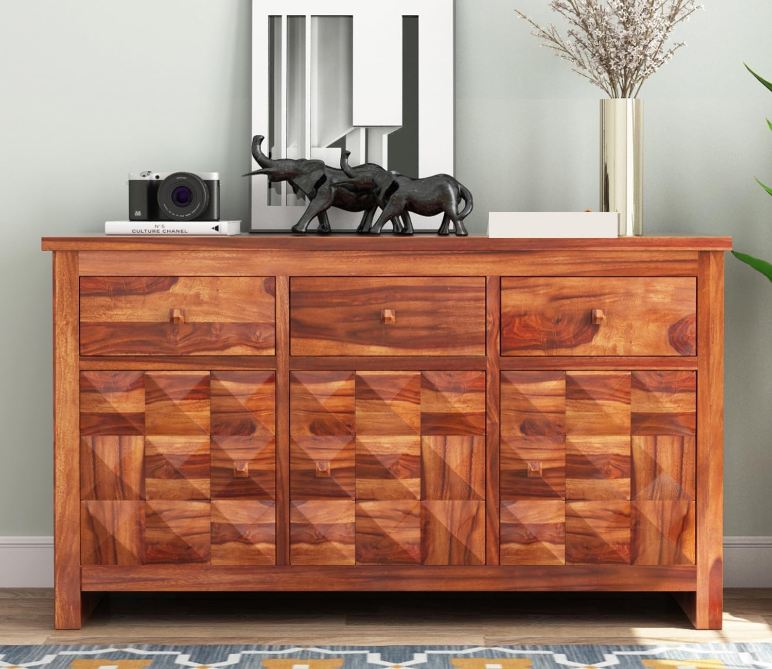 RK Wood Solid Sheesham Wood Sideboard Cabinet 3 Drawer 3 Door Storage