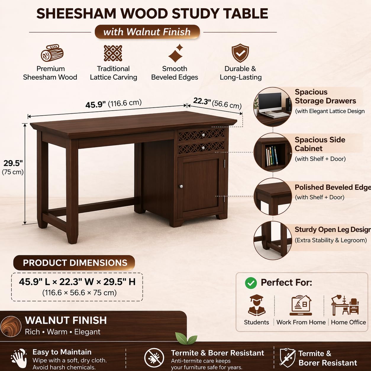 RK WOOD Solid Sheesham Wood Study Table with Chair for Students Laptop