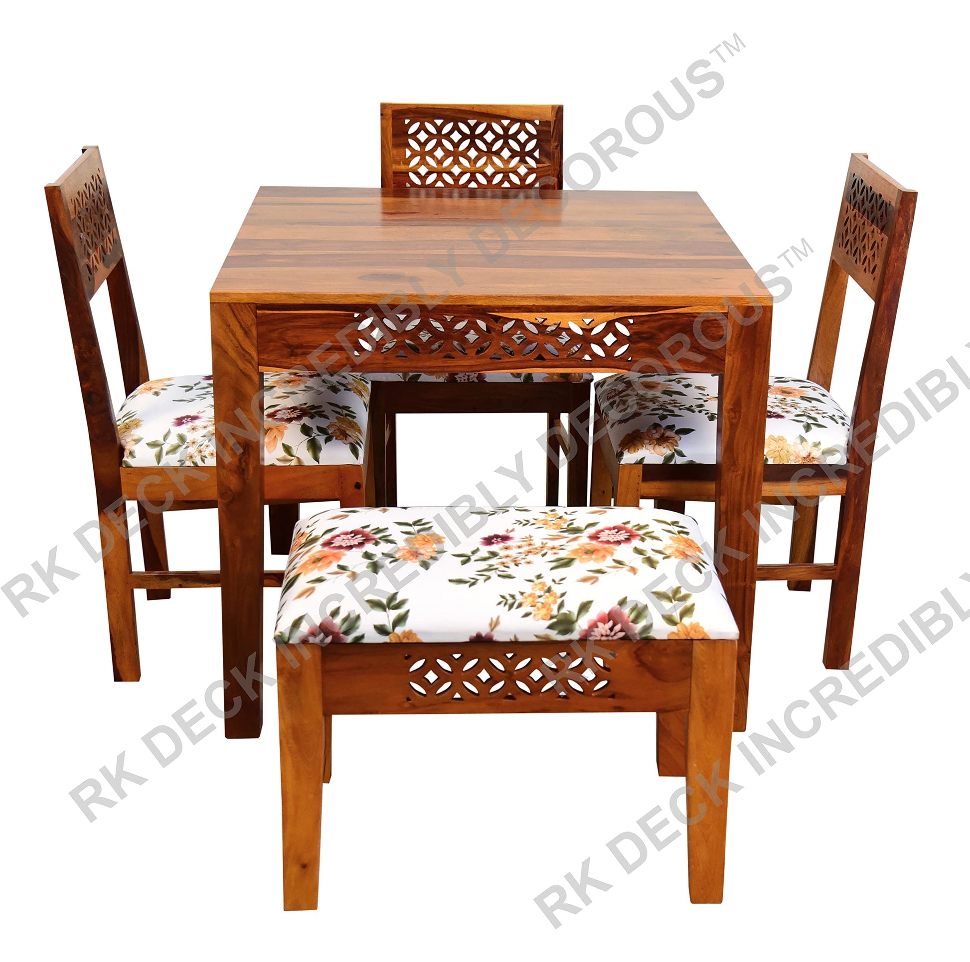 RK Deck Honey Finish Solid Wood Dining Table Set 4 Seater | Wooden